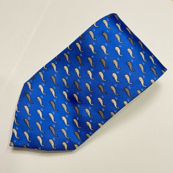 BURBERRY blue white gray silk whale print tie
